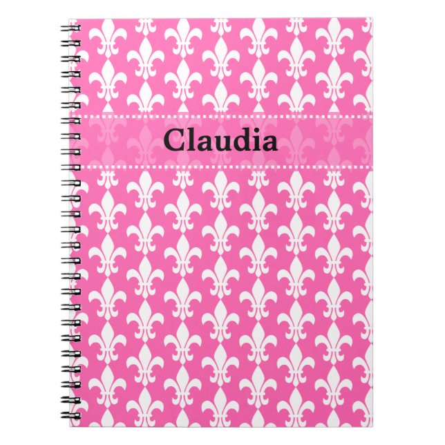 White and Hot Pink Fleur de Lis Pattern Spiral Notebook (Front)