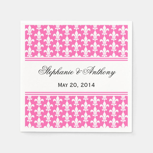 White and Hot Pink Fleur de Lis Wedding Napkin (Front)