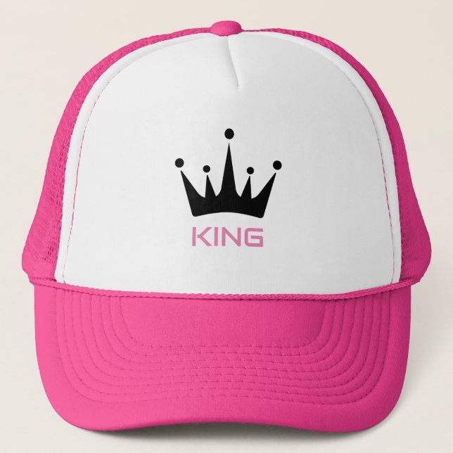 White and Hot Pink KING Text Crown Image Trucker Hat (Front)