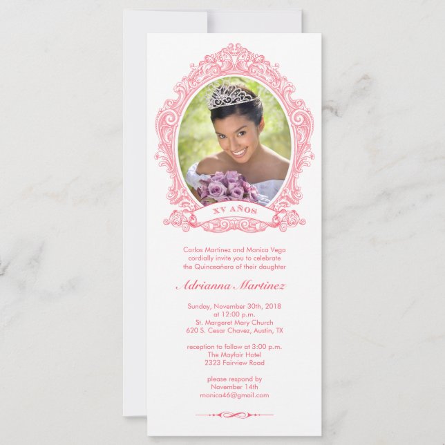 White and Hot Pink Quinceanera Photo Invitations (Front)
