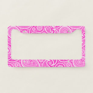 White and hot-pink vintage paisley pattern licence plate frame