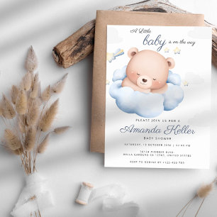 White and Light Blue Cloud Bear Baby Shower Invitation