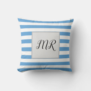 White And Light Blue Striped Monogram Cushion