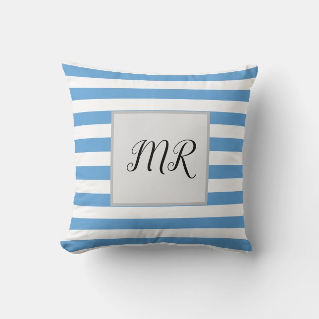 White And Light Blue Striped Monogram Cushion (Front)