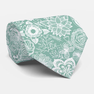 White and Light green retro flowers pattern Tie