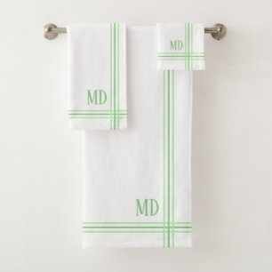 White and Light Green Striped Custom Initials Bath Towel Set