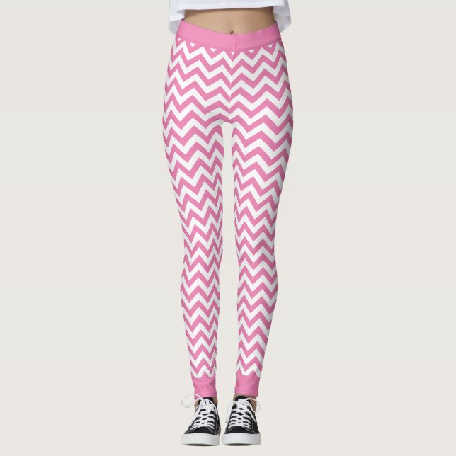 White And Light Pink Chevron Pattern Leggings (Front)