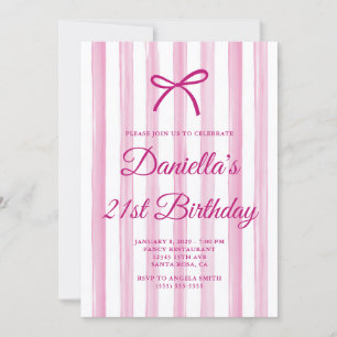 White and Light Pink Painted Stripes 21st Birthday Invitation
