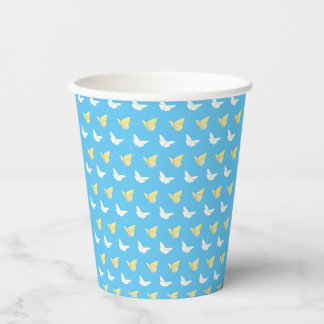 White and Light Yellow Butterflies Flying Blue Paper Cups