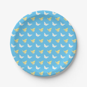 White and Light Yellow Butterflies Flying Blue Paper Plate