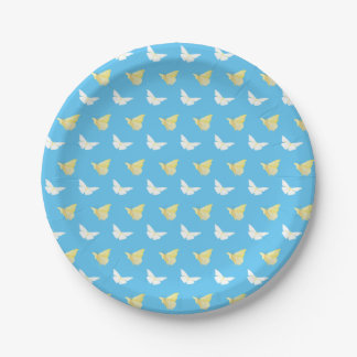 White and Light Yellow Butterflies Flying Blue Paper Plate