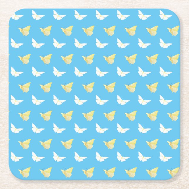 White and Light Yellow Butterflies Flying Blue Square Paper Coaster (Front)