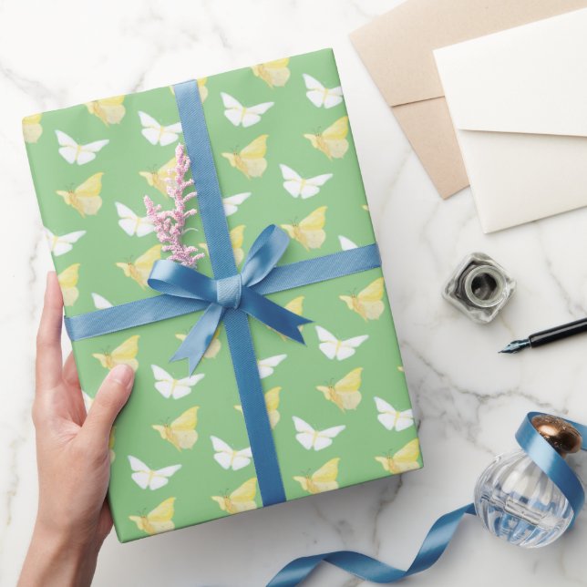 White and Light Yellow Butterflies Flying Green Wrapping Paper (Gifting)