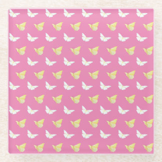 White and Light Yellow Butterflies Flying Pink Glass Coaster