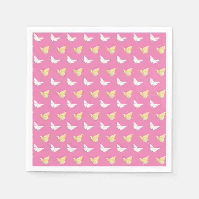 White and Light Yellow Butterflies Flying Pink Napkin (Front)