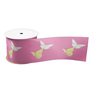 White and Light Yellow Butterflies Flying Pink Satin Ribbon