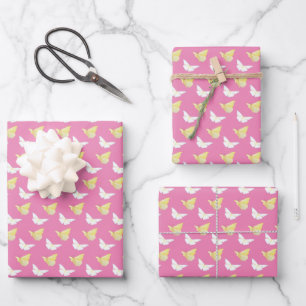 White and Light Yellow Butterflies Flying Pink Wrapping Paper Sheet