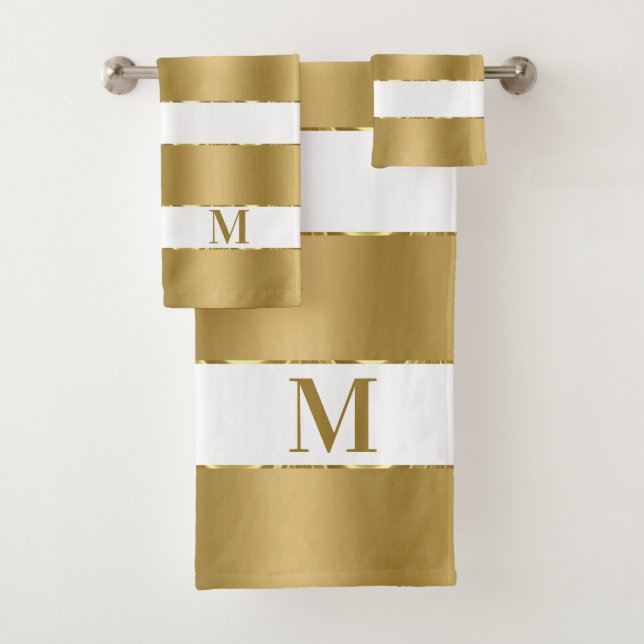 White and luxury gold stripes pattern bath towel set (Insitu)