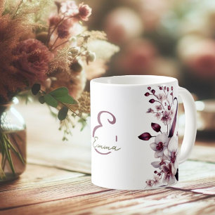 White and Magenta Orchid Flowers Monogram Coffee Mug