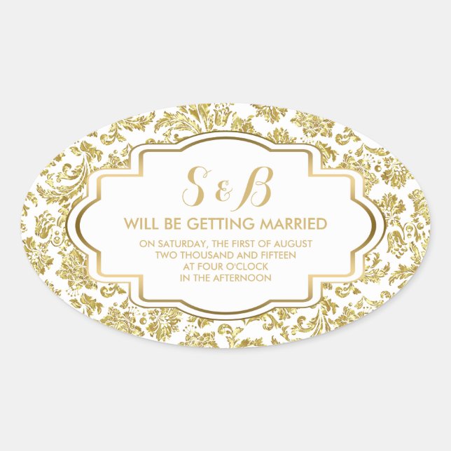 White And Metallic Gold Floral Damasks 3a Pattern Oval Sticker (Front)