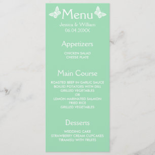 White And Mint Green Butterflies Wedding Menu