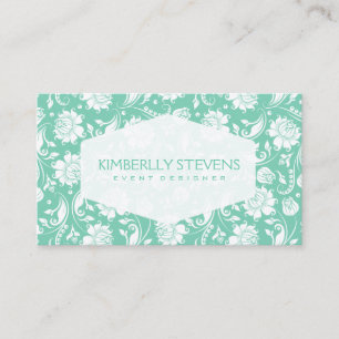 White And Mint-Green Floral Ornate Damasks Business Card