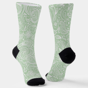 White and mint-green floral paisley pattern socks