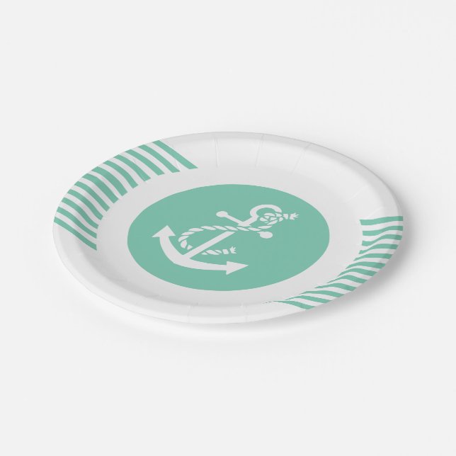 White And Mint Nautical Anchor & Stripes 2 Paper Plate (Angled)