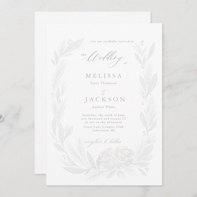 White and Mist Floral Wreath Wedding Invitation (Front/Back)