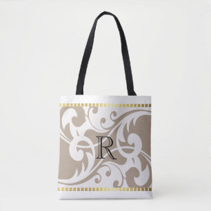 White and Mushroom Flourish Gold Border Monogram Tote Bag