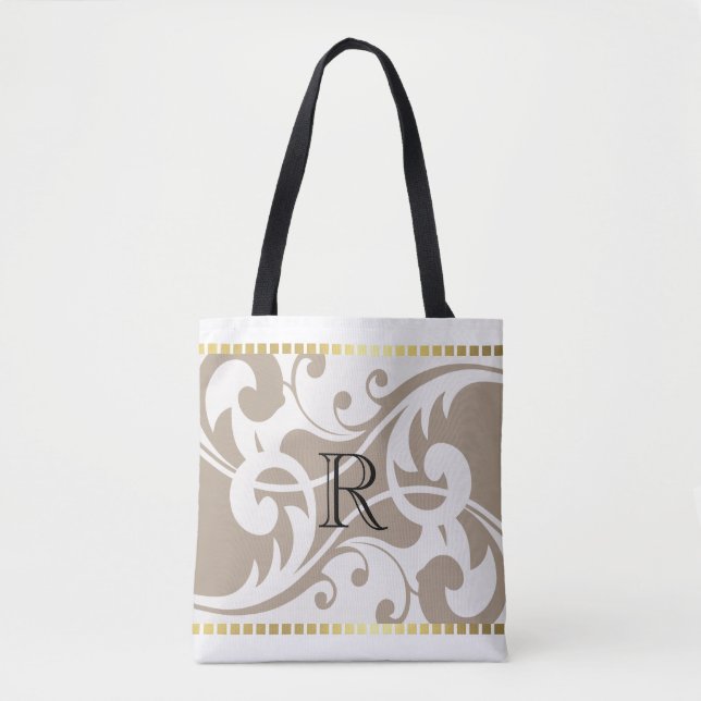 White and Mushroom Flourish Gold Border Monogram Tote Bag (Front)