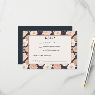 White and Muted Pink Flowers on Dark Navy RSVP Card
