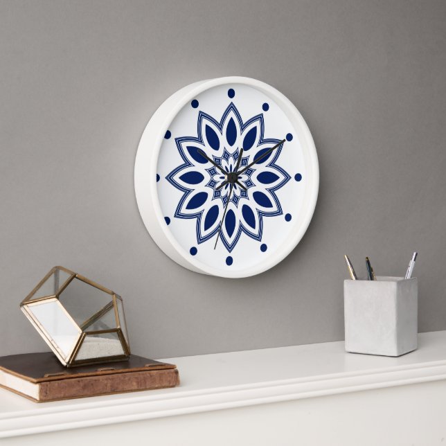 White and Navy Blue Abstract Flower Pattern Clock (Office)