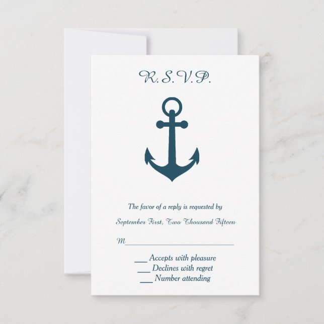 White and Navy Blue Anchor Wedding RSVP Reply Card (Front)