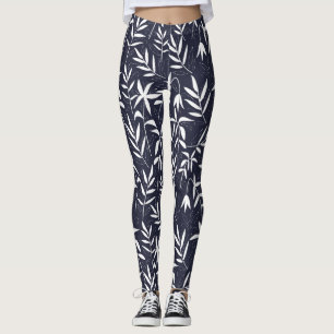 White and navy-blue bamboo leaves Japanese pattern Leggings