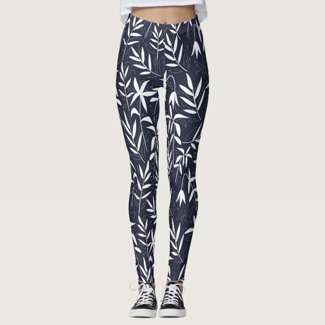 White and navy-blue bamboo leaves Japanese pattern Leggings (Front)
