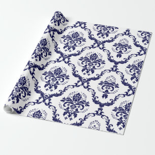 White And Navy Blue Floral Damasks Wrapping Paper