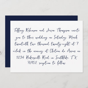 White and Navy Blue Handwritten Style Wedding Invitation