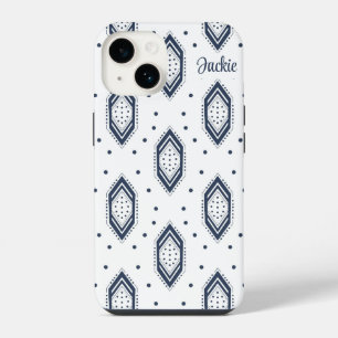  White and Navy Blue Hexagon Pattern  iPhone 14 Case