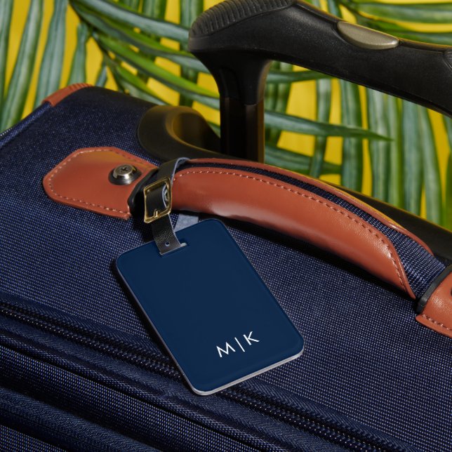  White and Navy Blue Modern Monogram Luggage Tag (Front Insitu 1)
