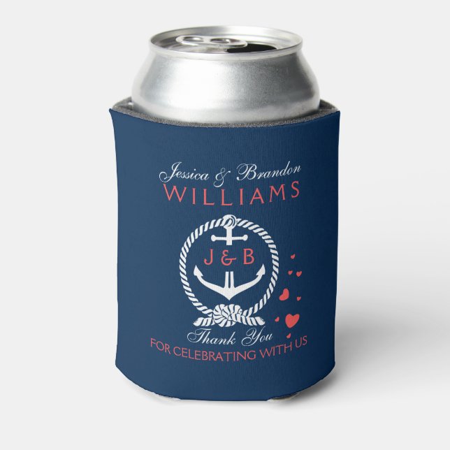 White And Navy Blue Nautical Anchor Can Cooler (Can Back)