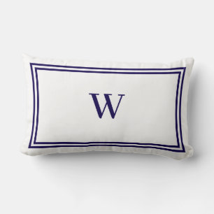  White and Navy Blue Stripe Border Monogram Lumbar Cushion