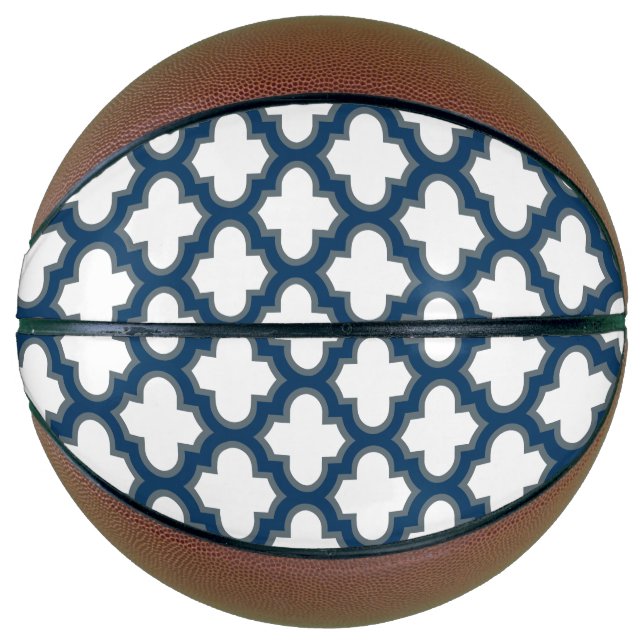 White and Navy Blue Trellis, Lattice, Quatrefoil Basketball (Front)