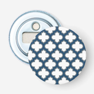 White and Navy Blue Trellis, Lattice, Quatrefoil Bottle Opener