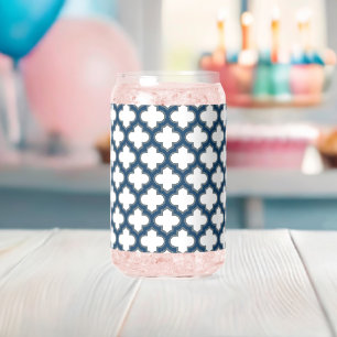 White and Navy Blue Trellis, Lattice, Quatrefoil Can Glass