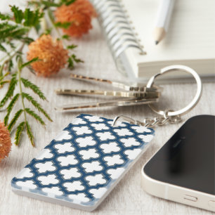 White and Navy Blue Trellis, Lattice, Quatrefoil Key Ring