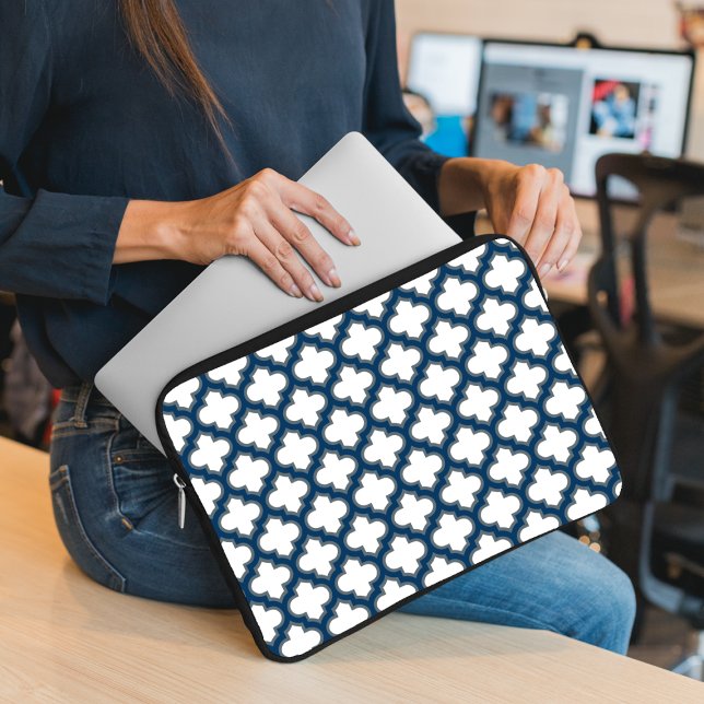 White and Navy Blue Trellis, Lattice, Quatrefoil Laptop Sleeve (Creator Uploaded)