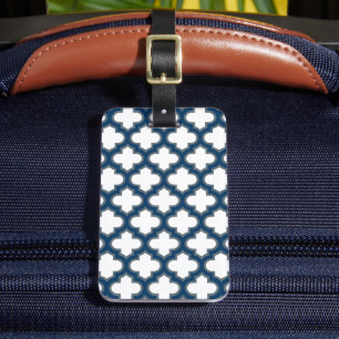 White and Navy Blue Trellis, Lattice, Quatrefoil Luggage Tag