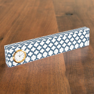 White and Navy Blue Trellis, Lattice, Quatrefoil Nameplate