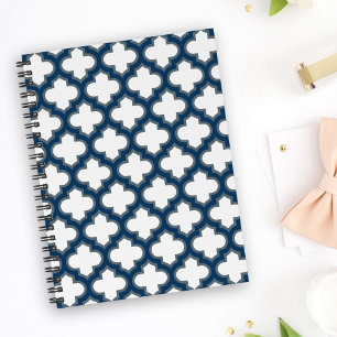 White and Navy Blue Trellis, Lattice, Quatrefoil Notebook